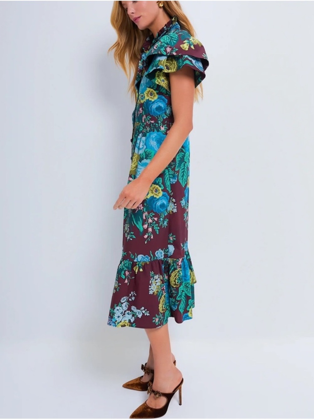 Tuckernuck Alice Verdant Floral Midi Dress Oxblood Ruffle Sleeve 100% Cotton S - Picture 10 of 11